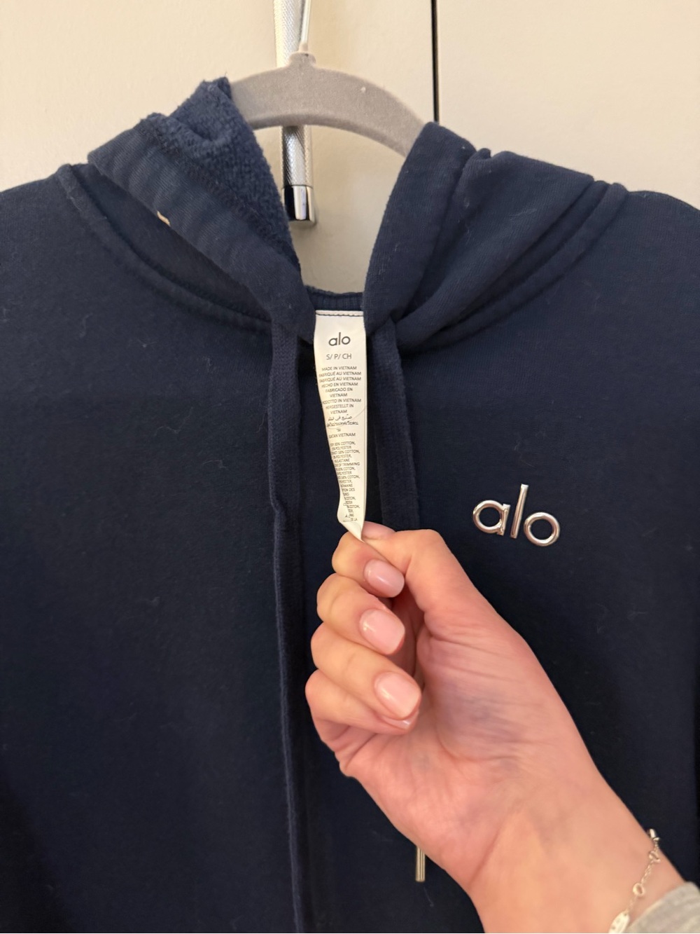 ALO Yoga Men's Navy Zip-Up Hoodie with Silver Logo